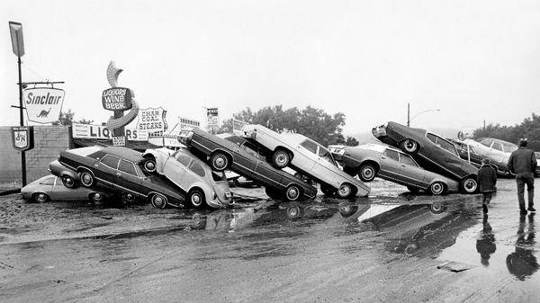 Car pile up from Rapid City Flood