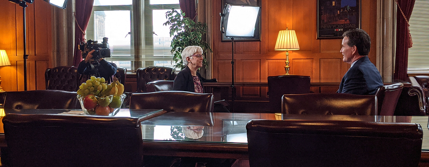Reporter Karen DeWitt interviews Senator John Flanagan