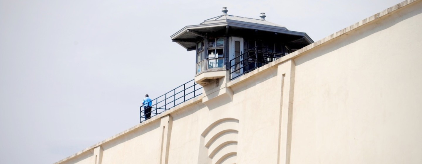 A Guard keeps watch over the grounds at Clinton Correctional Facility