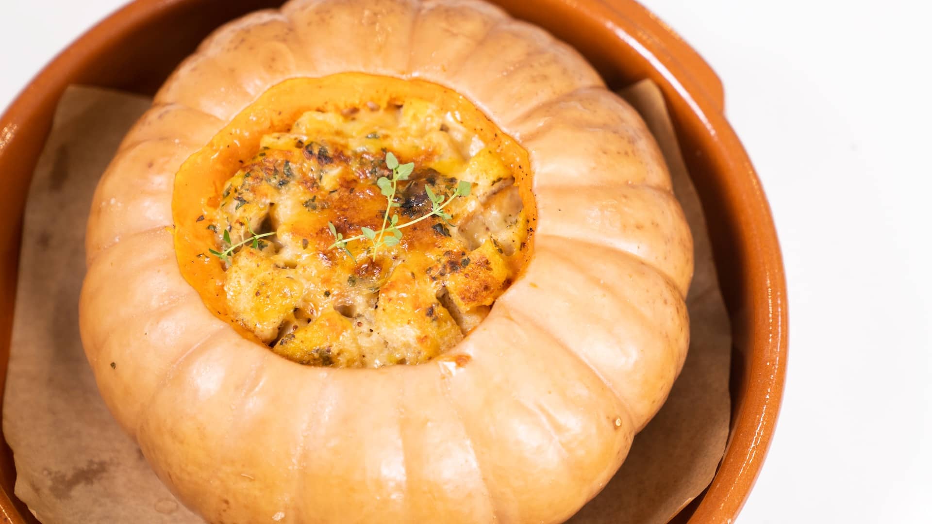 Whole Roasted Pumpkin Stuffed with Savory Mushroom Bread Pudding | The Key Ingredient