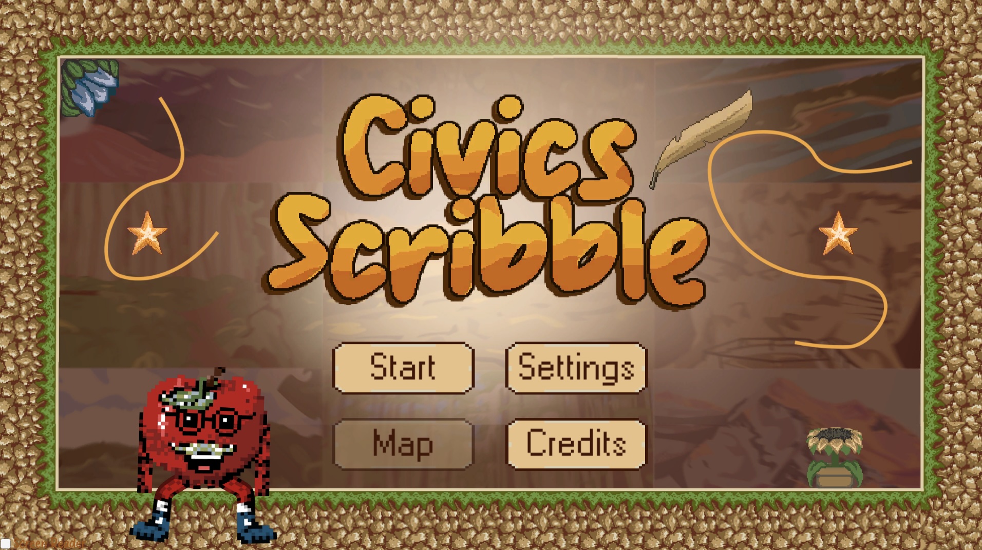 Mr. Apple helps users navigate the educational game Civics Scribble.