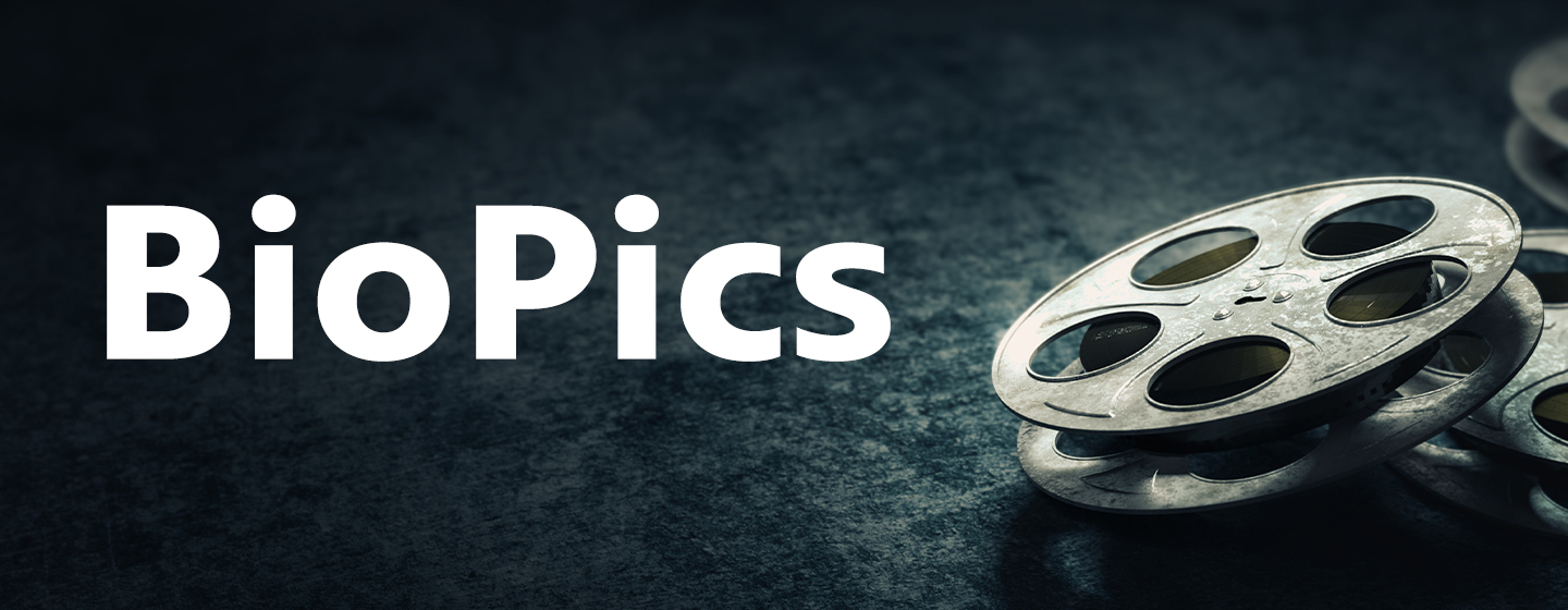 text: BioPics, over a dark background with old film reels.