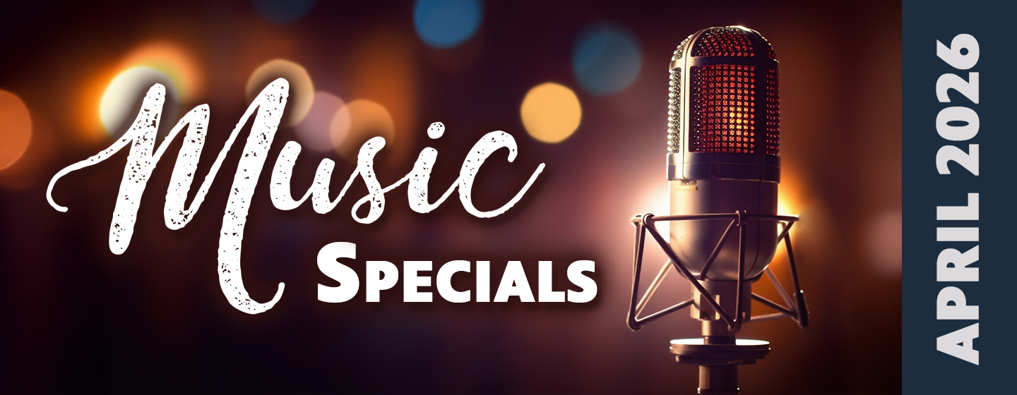 Text: Music Specials | April 2026, over a background of blurred lights and a microphone in the foreground.