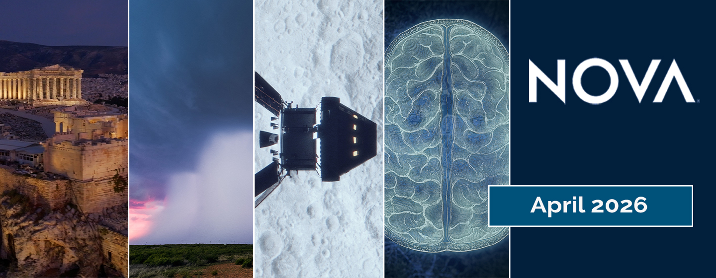 Logo: Nova Text: April 2026, there are four photos, The Acropolis at night, a Rainshaft, an artist concept of a lunar flyby and a scan of a brain.