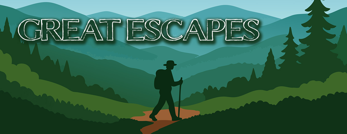 Graphic of a silhouetted person hiking with the text Great Escapes.