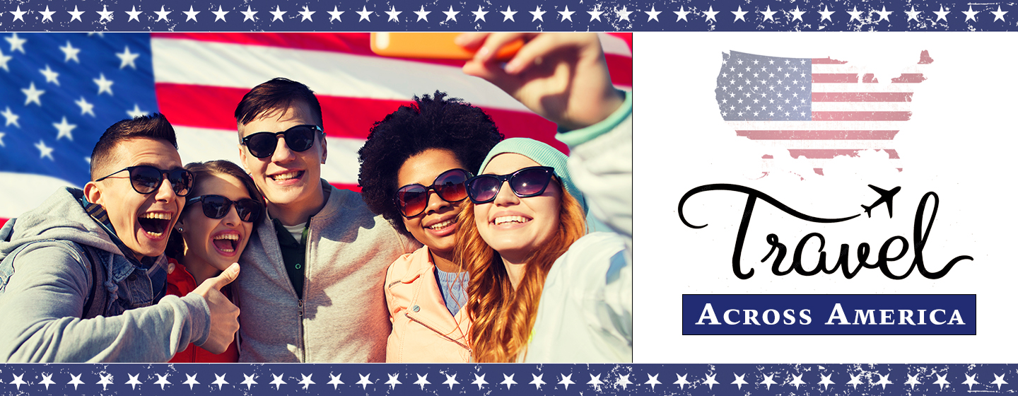 A photo with people taking a selfie and the text, "Travel Across America."