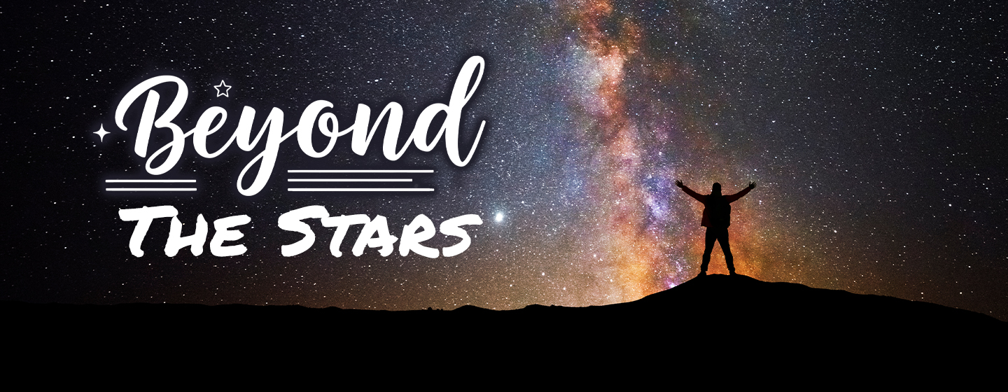 A silhouette of a man against a starlit sky with the text "Beyond the Stars"
