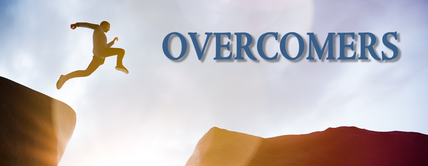 "Overcomers" showing the silhouette of a person leaping across a gap between rocky cliffs beneath a bright, sunlit sky. Large blue text reading "Overcomers" reinforces themes of courage, resilience, perseverance, and overcoming challenges.