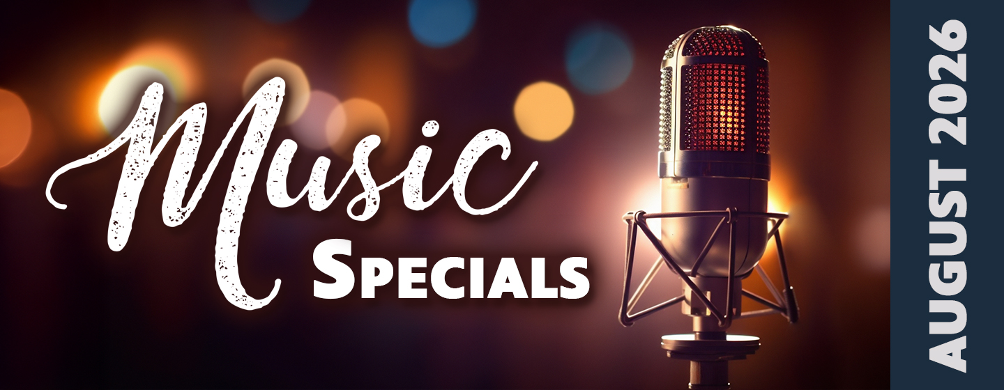 Hero banner for "Music Specials – August 2026" featuring a studio microphone against a warm, blurred background of stage lights. Large white text reads "Music Specials," while a vertical dark blue sidebar on the right displays "August 2026" in white, creating a modern concert- or broadcast-inspired design.